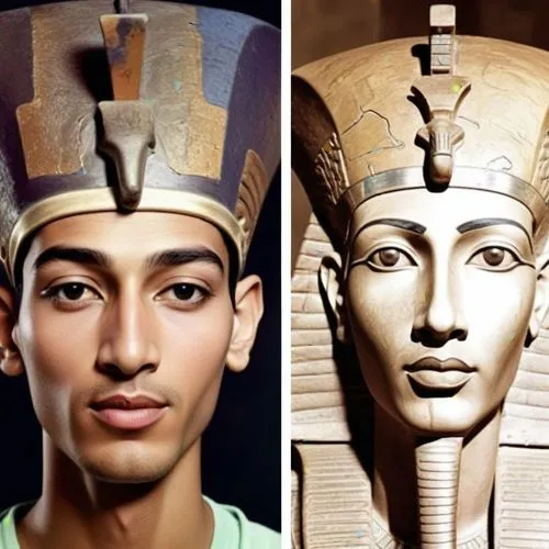 Dar color a la imagen, respetando las fracciones del faraón akhaneton,a composite s of a young egyptian man in front of the statue of the pharaoh,king tut,pharaohs,pharaoh,reconstructions,the sculptur