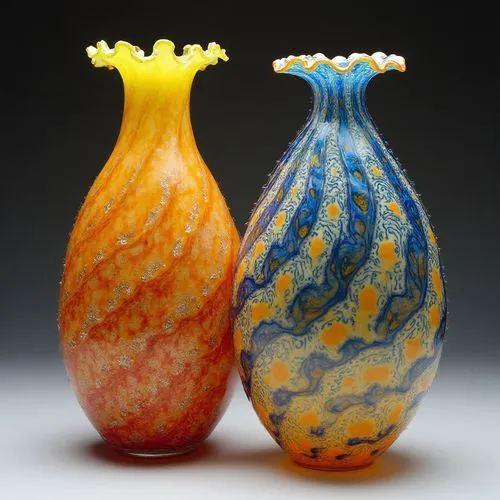 bizarre bipolar opposites, strangely Guilloché Patterns,two different sized glass vases are side by side,vases,glasswares,flower vases,glassmakers,clay jugs,glazes,decanters,shashed glass,majolica,gla