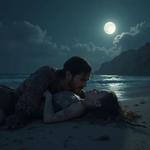 a woman laying on a man's shoulder at the beach at night,romantic scene,shipwrecked,honeymoon,fantasy picture,moonlight,undertow,photo manipulation,the moon and the stars,romancing,romantic night,roma
