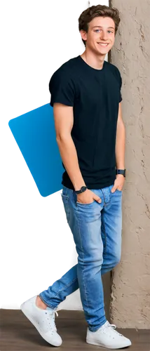 Facebook profile cover picture, panoramic view, young adult, smiling face, bright blue eyes, messy brown hair, casual wear, plain white t-shirt, ripped jeans, sneakers, hands in pockets, leaning again