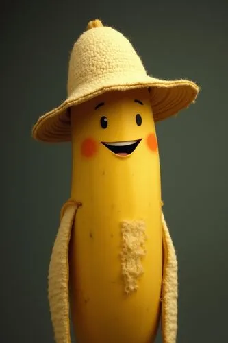 Imagine a banana with face, smiling, sata hat and blong beard,an eggplant wearing a hat and holding soing,banan,banane,pubg mascot,chiquita,potato character,mandora,banani,banana,yellow sun hat,daikon