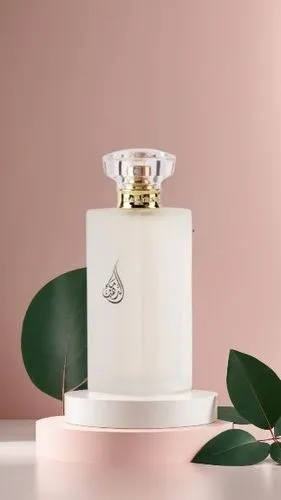 a bottle of perfume and greenery on a table,coconut perfume,scent of jasmine,fragrance,perfume bottle,natural perfume,tuberose,in the fragrance noise,creating perfume,colognes,perfumery,product photog