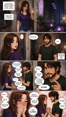 Manga style:

A strikingly beautiful witch in her thirties, with long brown hair and blue eyes. She is 1.68m tall. She is wearing a purple t-shirt and blue denim shorts. Her makeup is subtle, accented