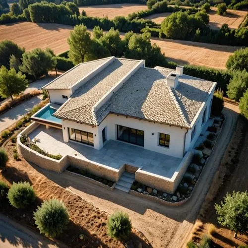 Aerial drone view from above, looking sideways at a contemporary one-story hempcrete residence. Focus on the organic, porous texture of the hempcrete walls underlined by natural wood window frames. Hy