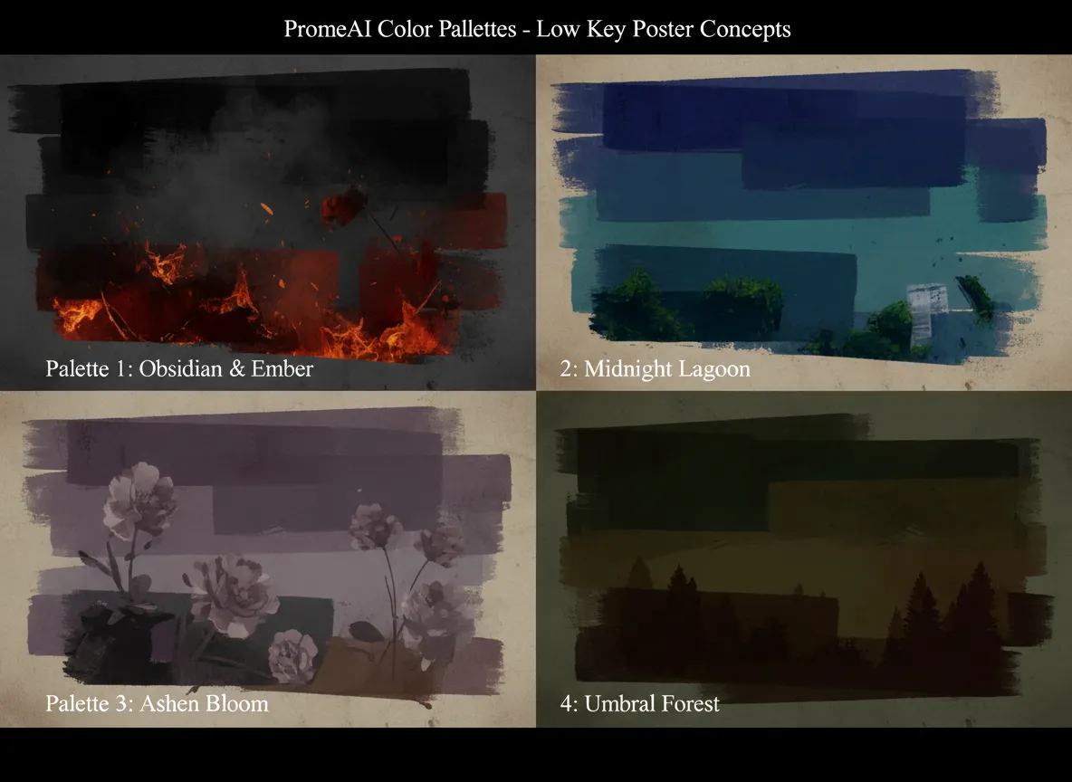Una griglia di quattro diverse palette di colori suggestive generate da PromeAI per un concept di poster Low Key.