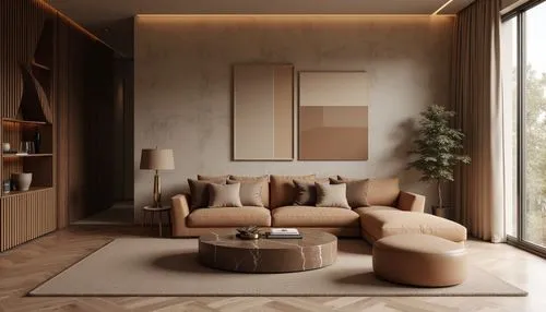Mocha brown home decor visualization, minimalist, warm and inviting atmosphere, rich earthy tones and natural textures. Accents of mocha and taupe are repeated in decorative elements, harmonizing with