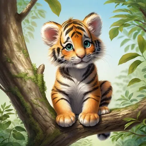 A charming, anime-style digital illustration in a kawaii or chibi design, depicting an adorable baby tiger cub perched on a thick, horizontal tree branch in a lush, forested setting, illuminated by wa