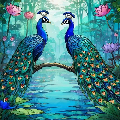 three beautiful peacocks are strutting by a beautiful blue lake with lotuses in it,two blue and yellow birds are standing on a tree nch,peacocks,bird couple,flower and bird illustration,peacocks carna