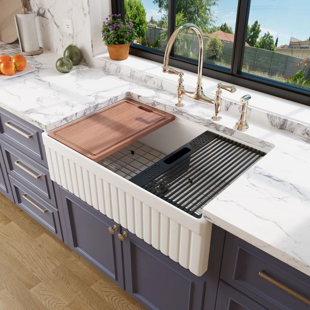 33-Inch Ribbed Fireclay Workstation Farmhouse Sink
