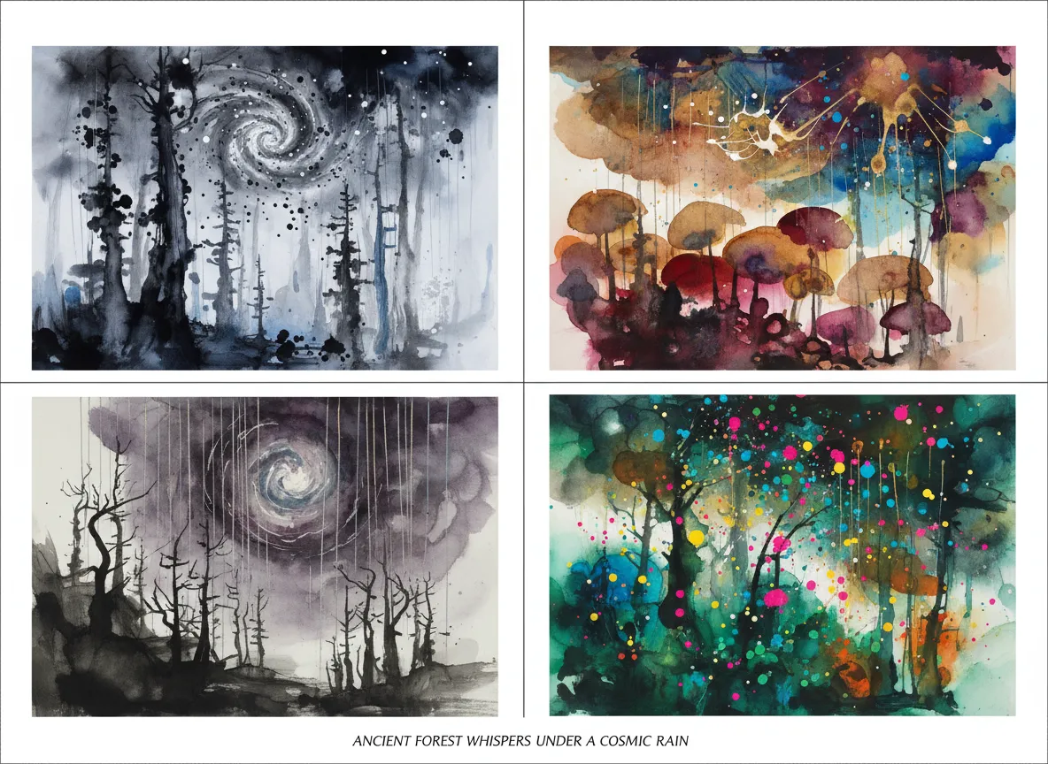 Una griglia a quattro pannelli che mostra diverse pitture a inchiostro astratte generate dall'IA dallo stesso identico prompt di testo, dimostrando la varietà creativa.