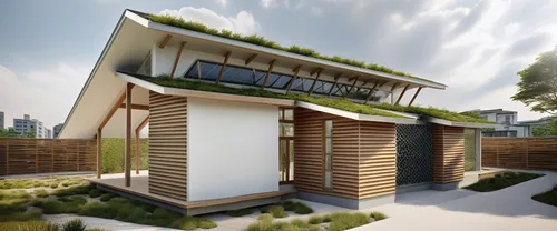 the building has grass on top of the roof,grass roof,cubic house,roof garden,inverted cottage,cube stilt houses,timber house,smart house,wooden house,prefabricated,garden shed,roof landscape,cube hous