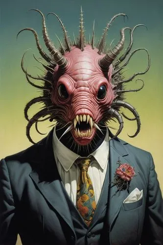 1940 portrait of a manic creaturetron of horrorcore designed by Emil Melmoth and Josh Keyes,streampunk,anglerfish,head cheese,flesh eater,three eyed monster,crustacean,businessperson,crayfish,waxworm,
