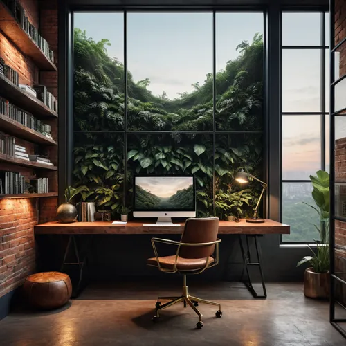 (a study room interior: 1.3) of an modern house, 3d optic of a close up from a modern microchip, bookshelf, Industrie art, digital art, modern art, nature friendly, jungle view outside the window,mode