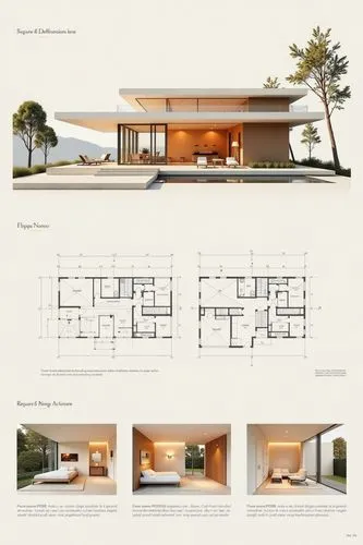 A professional architectural presentation board with a Pure background and a clean, minimalist design layout. The board includes:

Top Section: On the top left, a photorealistic render of a contempora