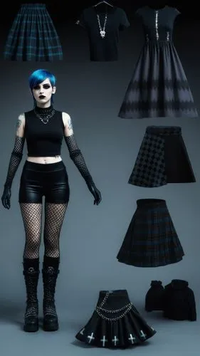 Goth Paper doll futuristic cyberpunk blue haired goth girl in black sleeveless shirt , black spandex shorts, complete full length fishnet and black goth knee Boots, standing surrounded by with a set o