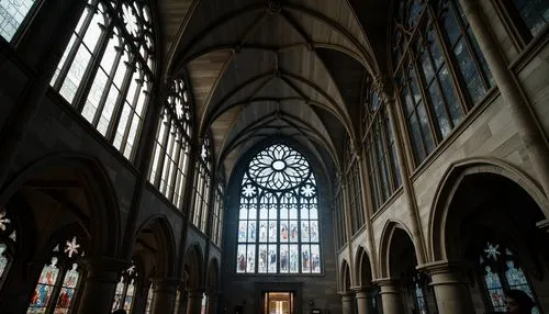 Soaring cathedral ceilings, pointed arches, ribbed vaults, flying buttresses, intricate stone carvings, grandiose stained glass windows, ornate gargoyles, majestic bell towers, vertical lines, soaring