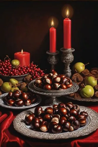 Still life, banquet of chestnuts, wooden table, old-fashioned ornate candle holders, white candles, fruit bowl, red velvet cloth, Renaissance style, warm lighting, soft focus, oil painting texture, hi