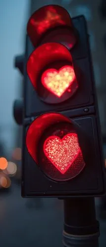 Close-up of a traffic light with heart shaped lights, pastel, analog photography, tilt-shift,a traffic light with a heart at the top,traffic light with heart,heart traffic light,stop light,traffic sig