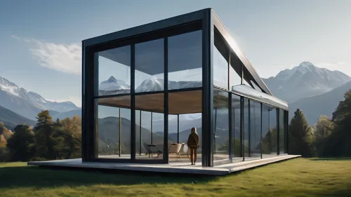 the person is in front of a glass house with mountains behind
