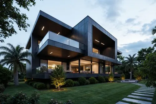 A contemporary, multi-story luxury residence showcasing a bold, geometric composition of stacked rectangular volumes in deep charcoal and slate hues. The façade features sleek glass railings, spacious
