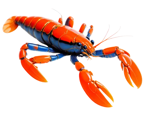 Freshwater crayfish, bright orange, large claws, detailed eyes, vibrant blue stripes, smooth shell, aquatic plants, shallow water, morning light, 3/4 composition, close-up shot, realistic texture, war