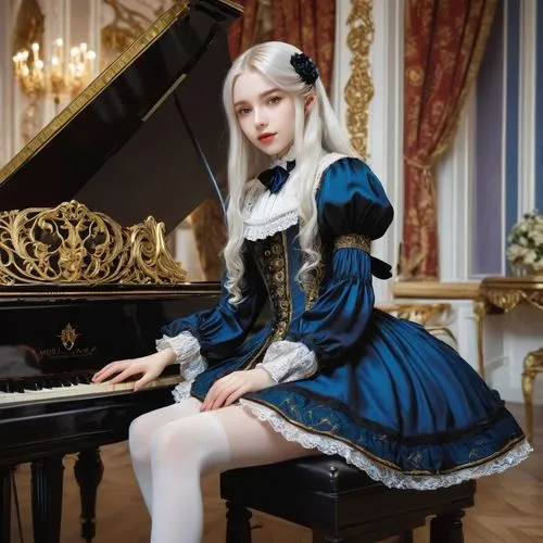 SDXL anime girl, 18yo, long silver hair, blue eyes, pale skin, red lips, elegant eyebrows, thin waist, slender legs, white boots, black stockings, short skirt, lace top, sitting on a grand piano, play