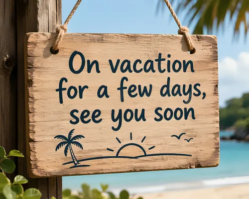 Sign reading: "On vacation for a few days, see you soon"
,the sign has been hanging on the telephone pole,vacationed,vacationers,vacationing,vacation,summer holidays,holidaymakers,honeymoons,vacating,