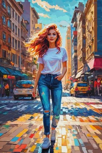 Convert photo into pixel art, vibrant colors, 8-bit style, low-resolution, retro aesthetic, detailed facial features, bright eyes, colorful hair, casual clothes, jeans, t-shirt, sneakers, urban backgr
