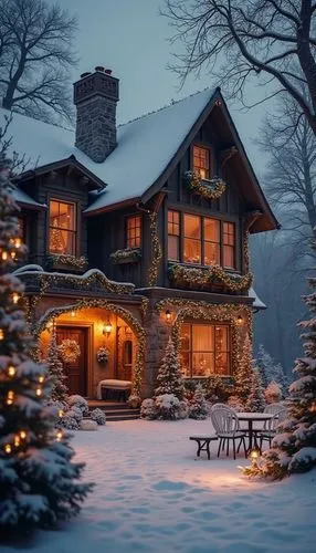 A magical Christmas wallpaper featuring cozy exterior, styled with monochrome tones, evoking a festive and cheerful atmosphere.,christmas lights adorn this small house on a snowy day,winter house,chri