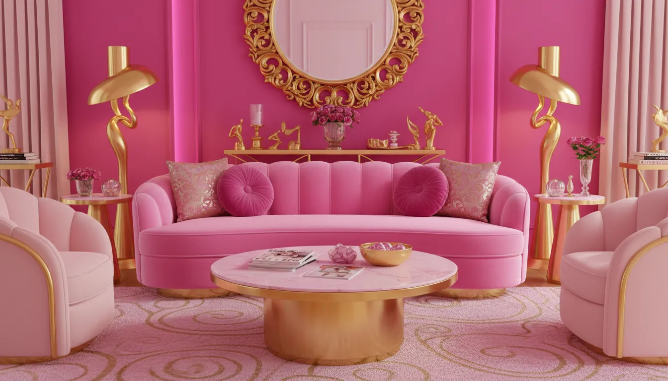 Un soggiorno generato da AI in stile Barbiecore, con un divano rosa curvo, texture lucide e accenti dorati su una parete rosa vibrante.