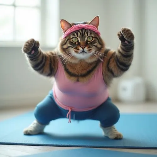 Un chat tigré brun adulte et gros, portant un bandeau rose, un débardeur rose et un pantalon de sport bleu, ainsi que des baskets blanches. Il est sur un tapis de yoga bleu dans ce qui semble être une