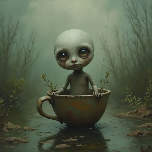Eine ausgefallene und faszinierende Szene inszeniert eine kleine Puppenfigur mit übermessten Augen und blasshäutig, die in einer alten rostigen Tasse sitzt. Sein dunkles, makuiertes Make-up lässt Trän
