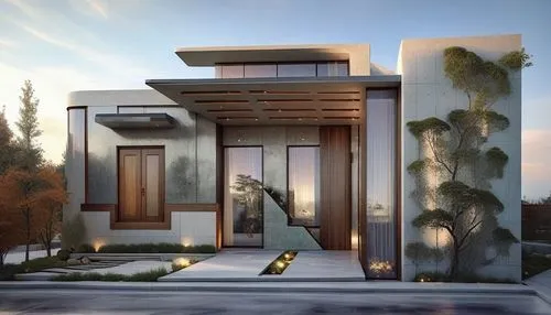 a 3d architectural rendering of the entrance to a home,modern house,mid century house,modern architecture,luxury home,cubic house,prefab,smart house,garden elevation,dunes house,renders,beautiful home