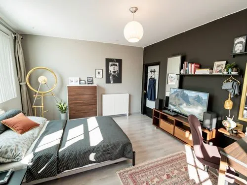 a room with a bed, television and desk,modern room,appartement,guest room,guestroom,chambre,appartment,roominess,kamer,shared apartment,smartsuite,sublet,apartment,modern decor,bedroom,home interior,d