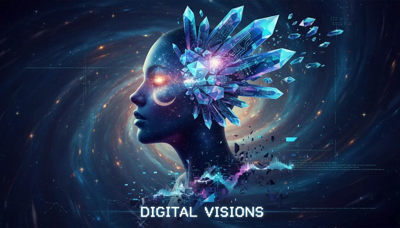 एक AI-जनित अतियथार्थवादी पोस्टर जिसमें एक महिला का चेहरा तारों भरी आकाशगंगा और एक तैरती हुई क्रिस्टलीय संरचना के साथ मिला हुआ है, जो डिजिटल अतियथार्थवाद की थीम को दर्शाता है।