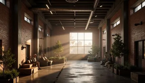 Rustic industrial warehouse, exposed brick walls, metal beams, reclaimed wood accents, urban cityscape, foggy morning atmosphere, warm golden lighting, soft misty effects, shallow depth of field, 2/3 
