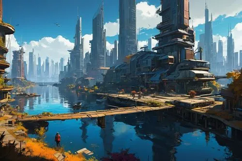  Game Scene, Wild angle view  Game Scene, Wild angle view a beautiful utopia  futuristic city, on the lake shore, modern  buildings,an image of a very strange sci fi city,futuristic landscape,ancient 