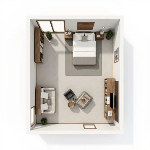 design interior of a bedroom with a corner bed with side table on one side and wardrobe on the other side of the bed also there is a t.v unit and study on the opposite wall,a bedroom with wardrobe, tv