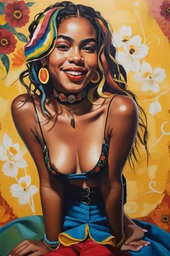 there two cute black girls wearing a big smile and a choker necklace. The background is painted in the style of Frida Kahlo,a woman wearing a blue skirt and colorful hair,mural,bohemian art,girl in fl