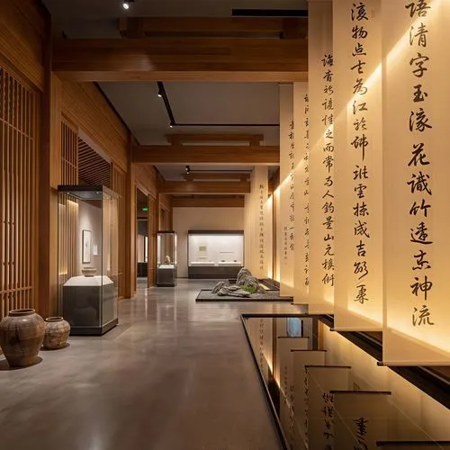 oriental cultural exhibition space, warm wood materials, traditional elements mixed with modern design, soft golden lighting, calligraphy installation, zen atmosphere, architectural visualization, pho