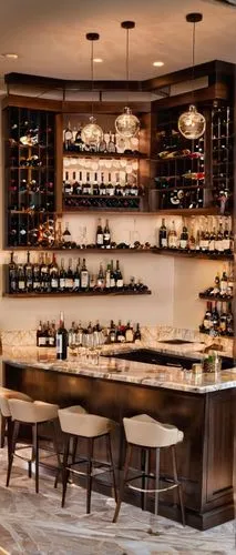 Luxurious home bar, modern minimalist style, dimmable LED lighting, wooden counter, leather stools, wine glasses, champagne bottles, whiskey decanters, sleek metal shelves, marble countertop, geometri