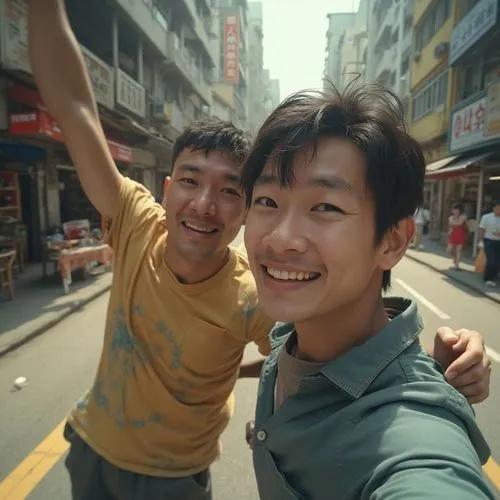 two men are taking a selfie in an asian city,shoplifters,hitchhikes,honor 9,hitchhiking,two friends,kl,high tourists,rickshaws,hitchhikers,tourists,pedicab,hitchhike,backpackers,lilting,shanghai,bros,