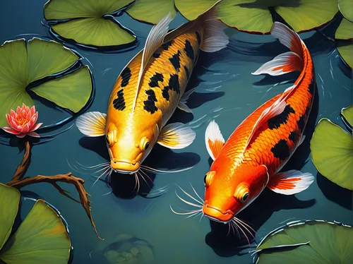 Draw a peaceful koi fish swimming in a serene pond at sunset.,koi fish,koi pond,koi carp,koi carps,ornamental fish,koi,fishes,two fish,aquatic plants,tropical fish,forest fish,fish in water,aquatic pl