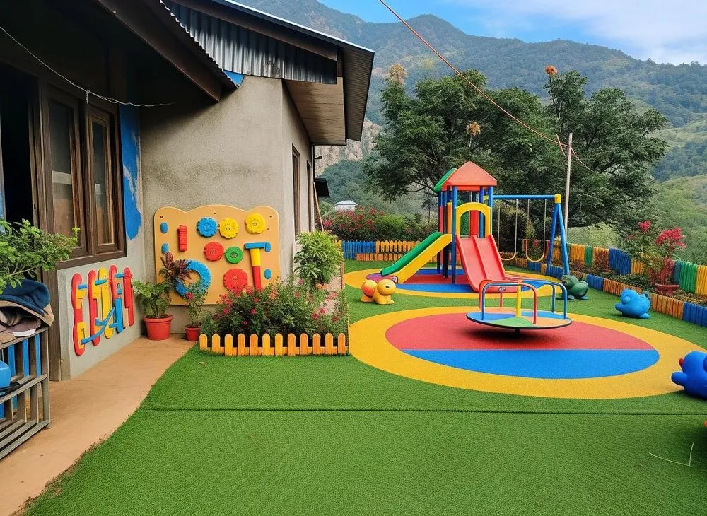 a children's play area with a rainbow - colored play mat