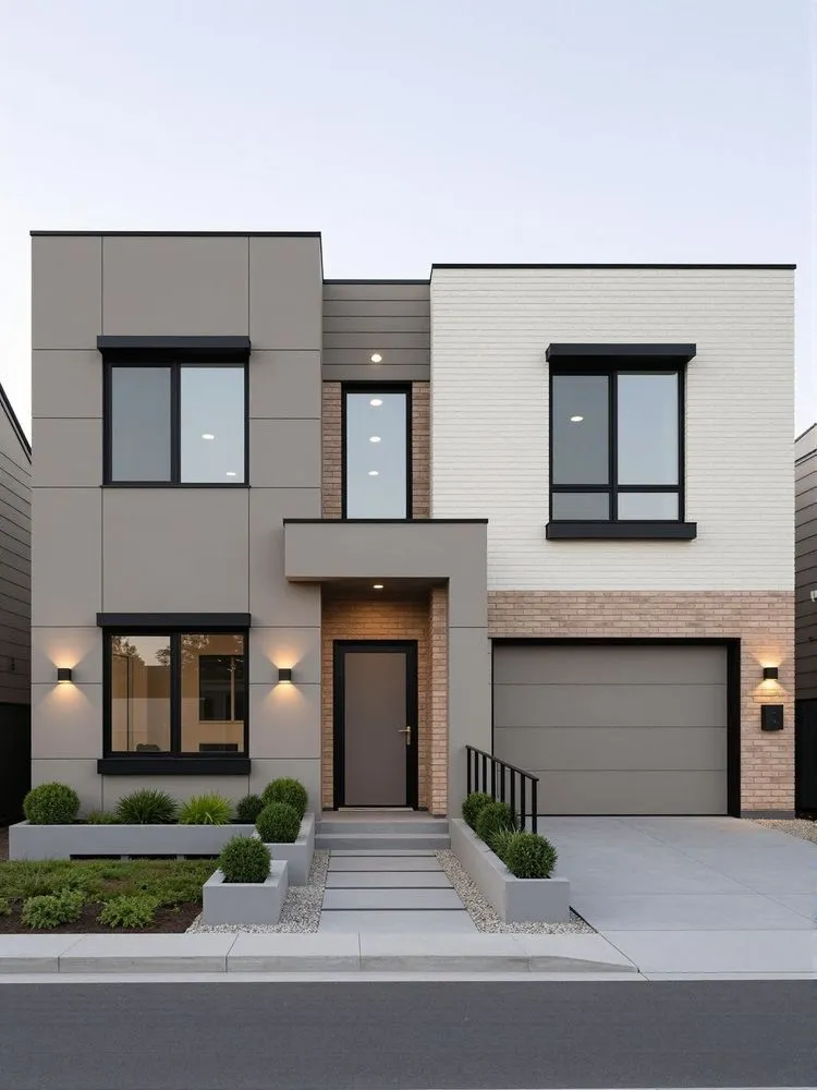 a two story, modern house with landscaping in front