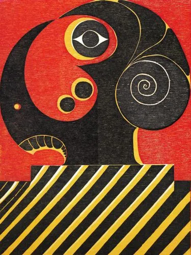Woodcut by Manfred Degenhardt, Germany,a painting with an eye on the side,indigenous painting,mingei,aboriginal painting,tapu,kwakwaka,molas