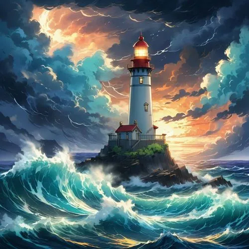 A picturesque 1802 lighthouse, its soft light casting a warm glow on the turbulent ocean waves and brooding sky, creating a serene yet dramatic contrast with the stormy seas and dark clouds in the bac