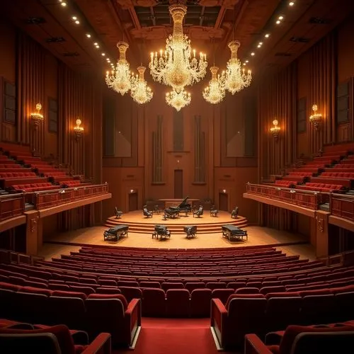 Elegant concert hall, ornate chandeliers, plush velvet seats, polished wooden floors, grand pianos, soundproofed walls, acoustic panels, diffused ceiling lights, intimate setting, warm ambiance, soft 