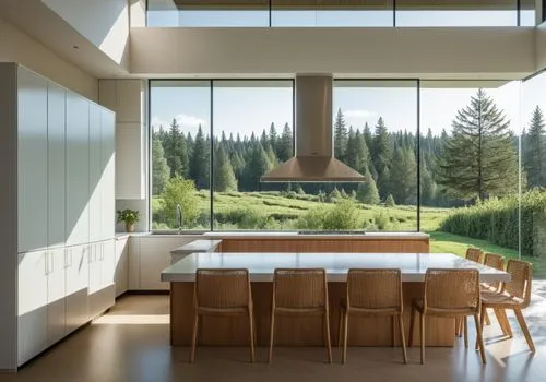 Interior Design, Kitchen, Dining Room, Hood, Dining Table, Dining Chairs, Kitchen Cabinets, Huge Glass Window Outside is Nature Landscape,a kitchen is shown with chairs and a big island,modern kitchen