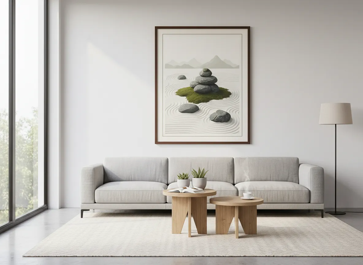 एक आधुनिक, मिनिमलिस्ट लिविंग रूम में लटके हुए एक फ़्रेमयुक्त ज़ेन गार्डन पोस्टर का एक लाइफस्टाइल शॉट।